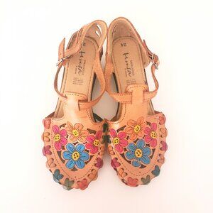 Creaciones Husa Huaraches Flower Colorful Leather Wedges Sandals Size 24 Mexico